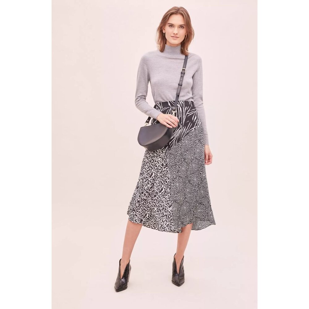 Kachel x Anthropologie Mixed-Print Silk Slip Midi Skirt Sz 8 Black White NWOT